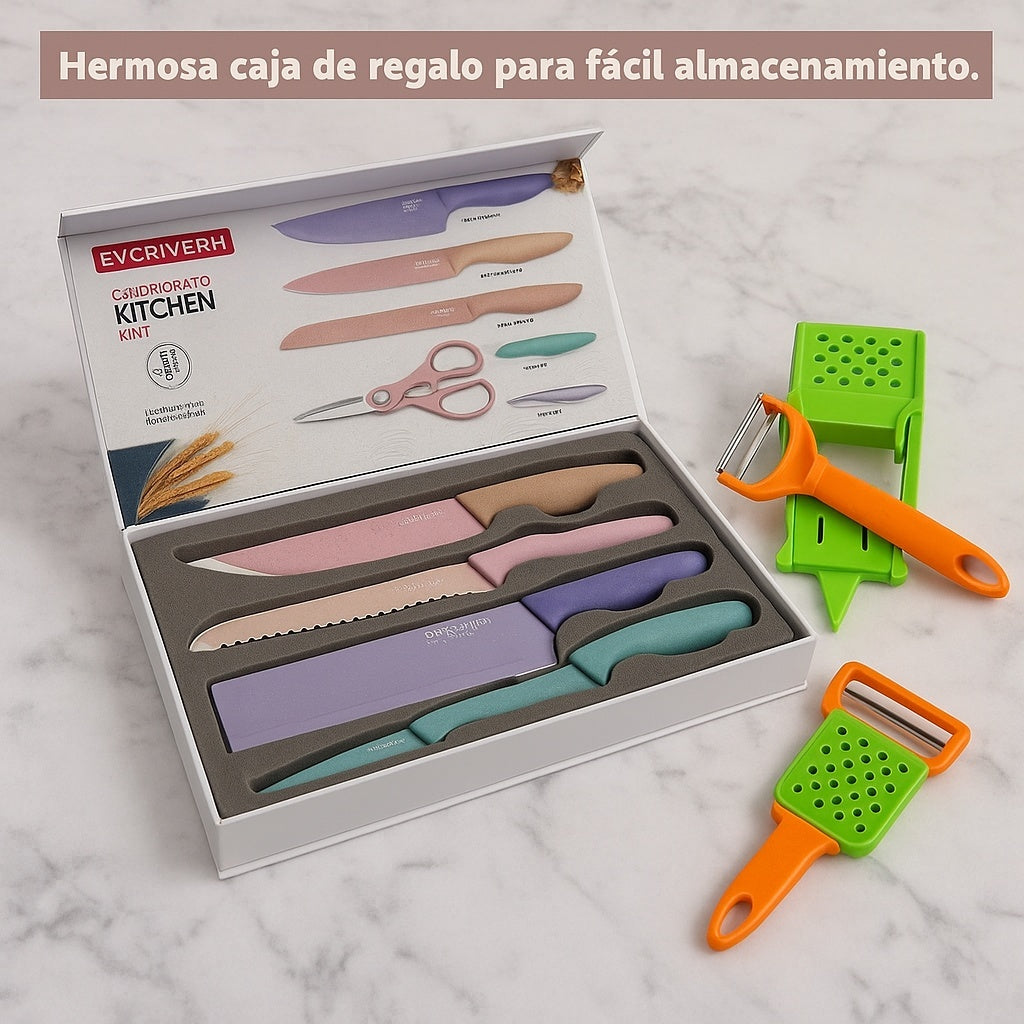 Pelador multifuncional 2-en-1 + Juego De 6 Cuchillos De Cocina Profesionales